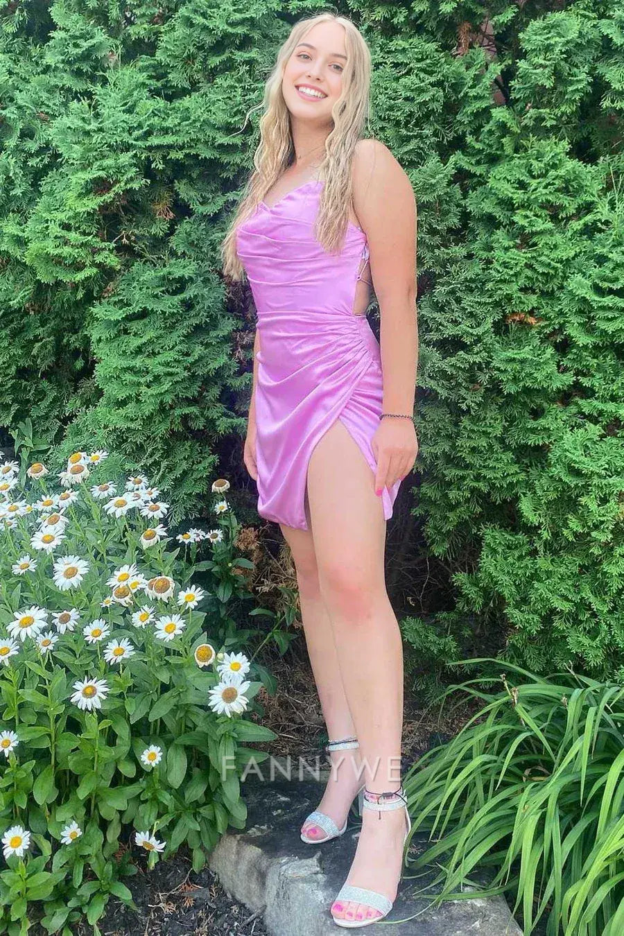 FannyWe Simple Pink Lace-Up Ruched Short Homecoming Dress formal wear dresses